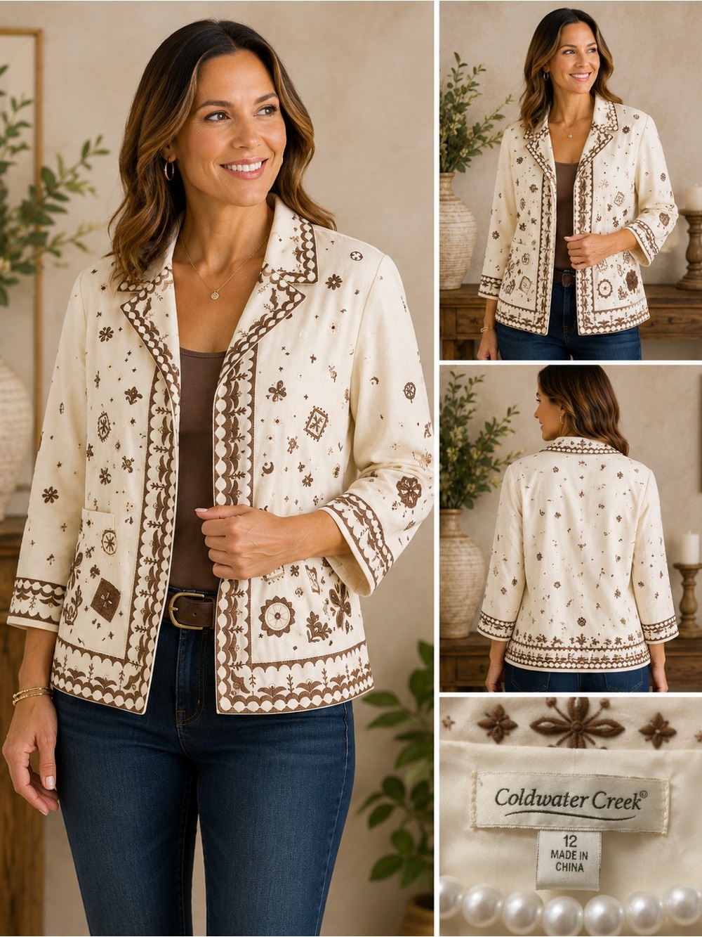 Coldwater Creek Womens 12 Embroidered Jacket Ivory Brown Open Front Boho 3/4 slv
